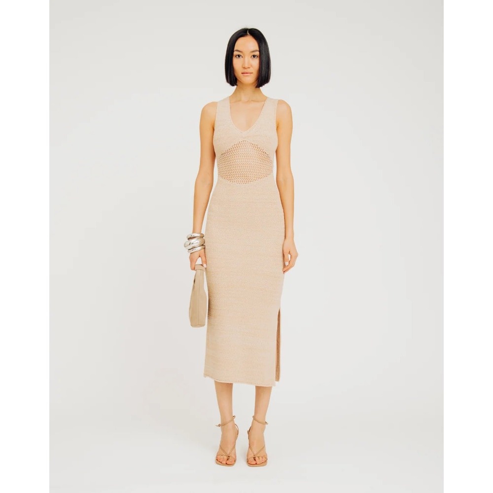 Torn by Ronny Kobo Beige Knit Pointelle Cutout Maxi Dress Size M Sleeveless Slit